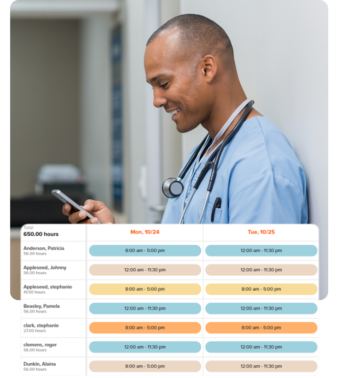 Medical staff weekly schedule with color-coded shifts