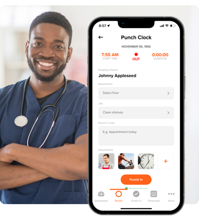 Smiling healthcare worker next to a smartphone screen showing a punch clock app interface