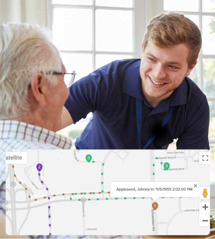 Smiling home care worker greeting an elderly man, with a GPS map showing visit locations and punch-in time for caregiver tracking.