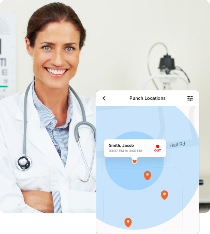 Smiling optometrist next to a digital map showing employee punch-out locations for time tracking at an optical clinic.