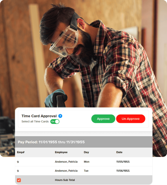 Worker operating a circular saw with an on-screen time card approval dashboard.