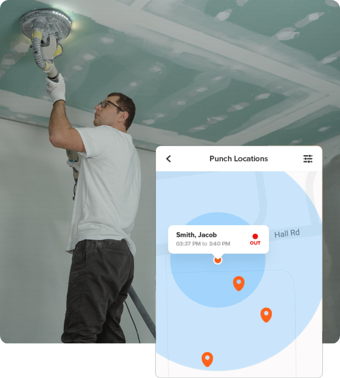 Construction worker sanding ceiling with a digital overlay showing GPS-based punch location tracking.