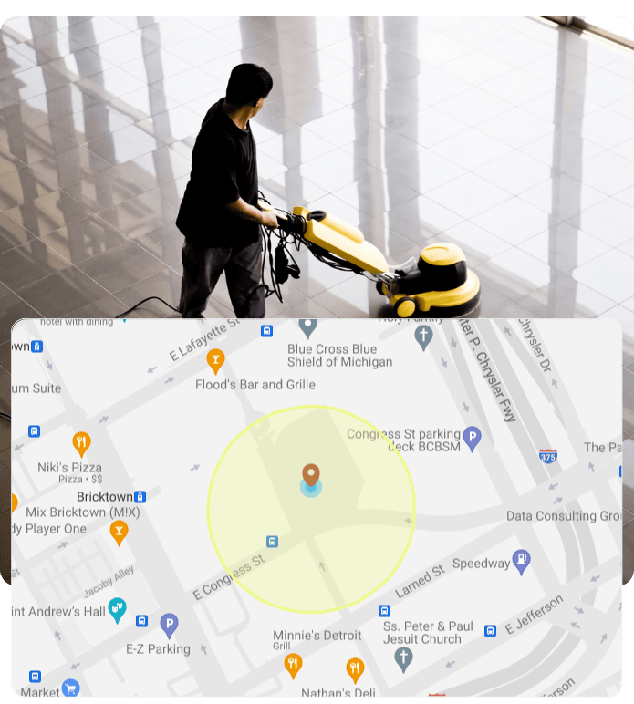 Commercial cleaner polishing a shiny floor with a buffer machine, overlaid with a map showing job location tracking.