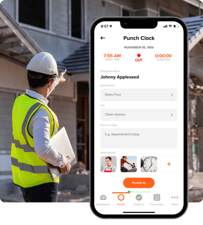 onstruction worker in safety gear pointing at a building site, with a smartphone screen displaying a punch clock app for employee
