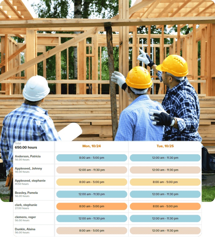 Construction workers reviewing a house frame build, with an overlaid employee timesheet showing work hours