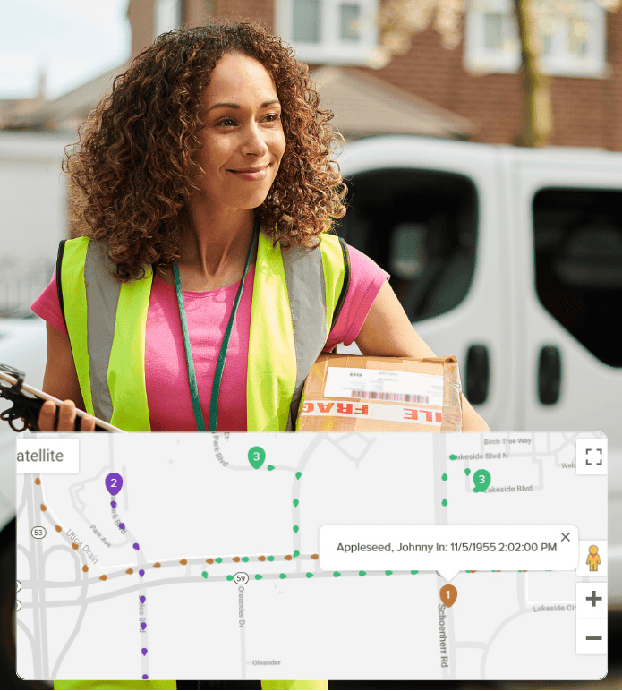 Delivery worker with packages and digital route map, showing real-time location and time tracking in transportation.