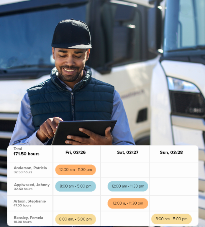 Truck driver reviewing digital shift schedule on tablet for transportation time tracking.