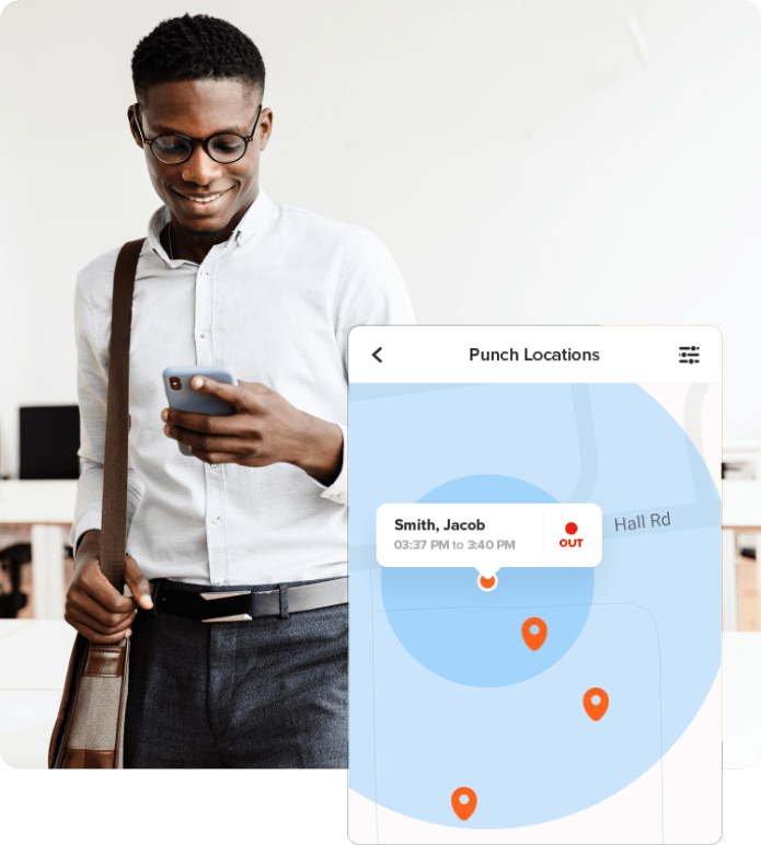 Man checking time tracking app on phone with GPS punch location map overlay.