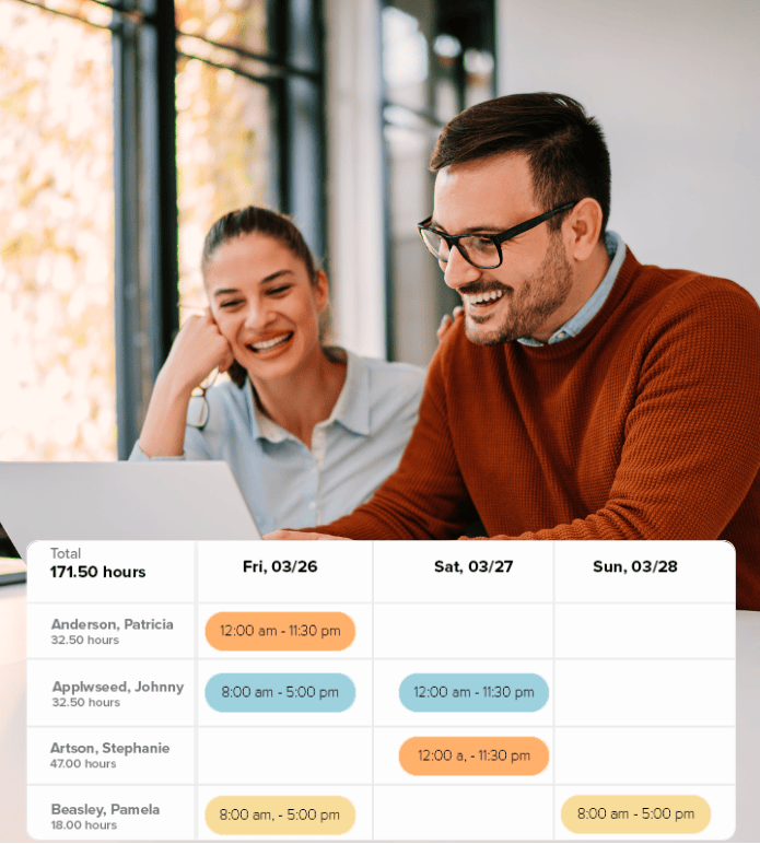 Two business owners reviewing employee work schedules on a laptop