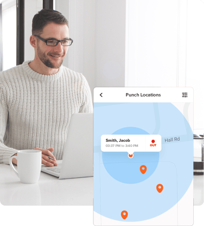 Project manager holding a tablet with an employee time-tracking interface showing punch-in times and a map location.