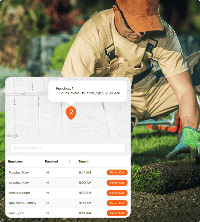 Landscaping worker with time tracking app showing employee punch-in times