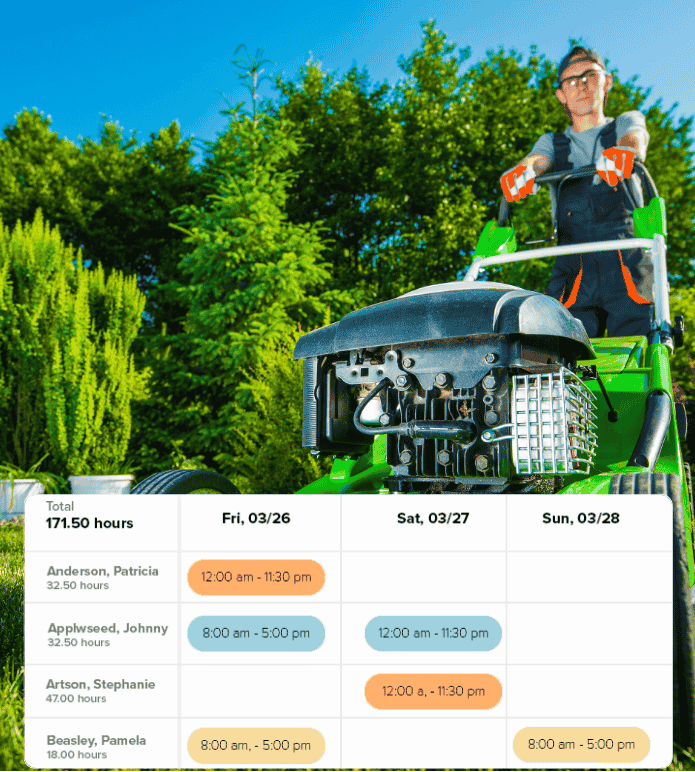 Landscaping employee with weekly work schedule displayed