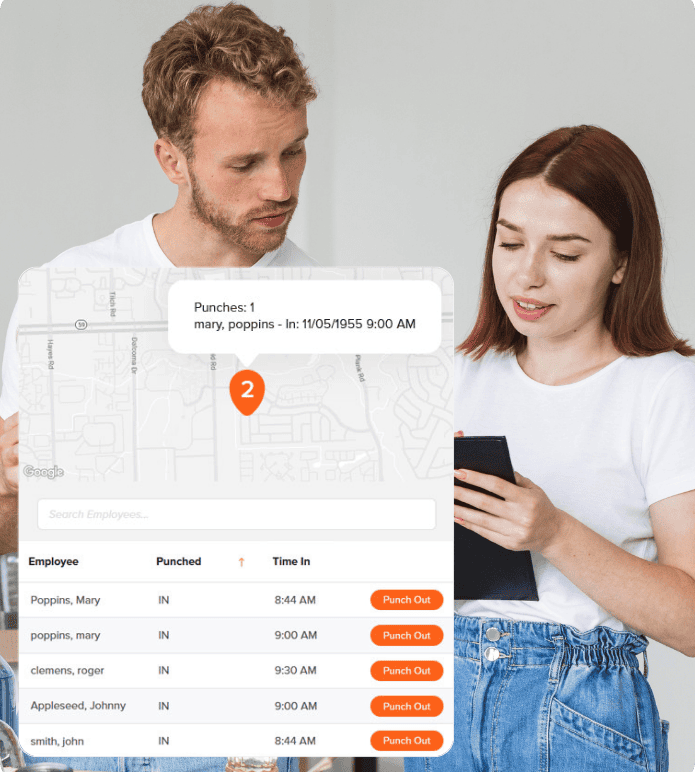 Two people reviewing a mobile time tracking dashboard for a nonprofit, displaying employee punch-in times and map location.
