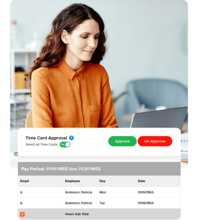 An operation manager at her desk reviews a time card on a digital interface. 