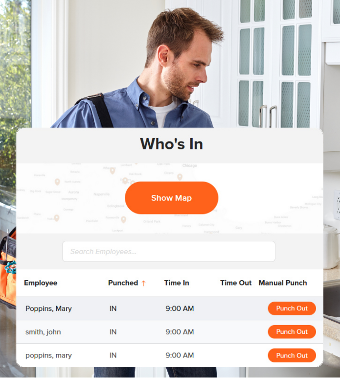 A plumber stands in a kitchen with a time-tracking interface overlay showing employees who are punched in.