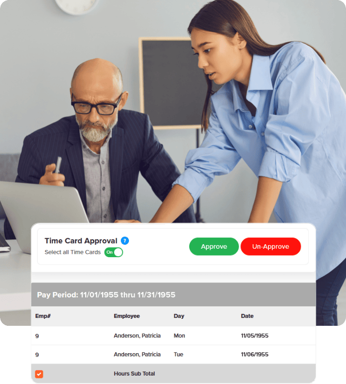 A project manager at her desk reviews a time card on a digital interface. 
