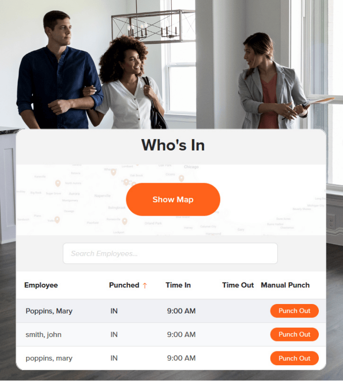 A real estate team entering a home with a digital interface overlay showing employee punch-in status.