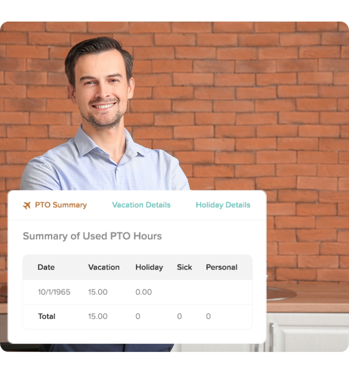 Smiling man standing in front of a brick wall with a digital overlay displaying a PTO Summary.