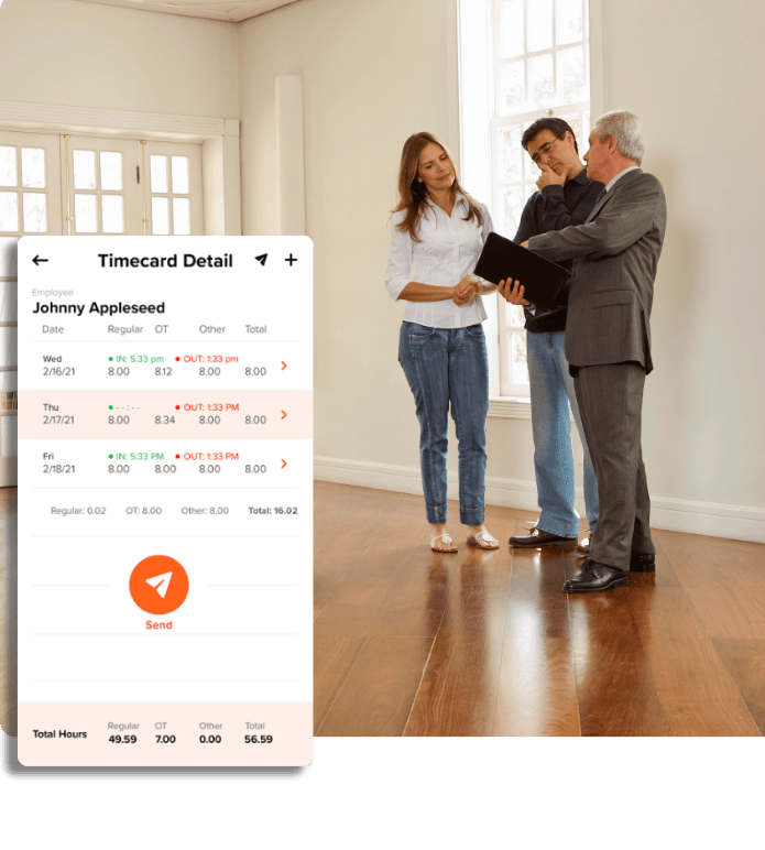 Three people discussing inside an empty room during a real estate showing, with a digital overlay displaying a timecard detail.
