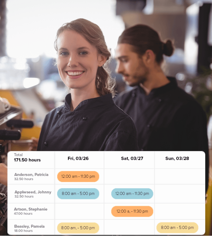 Restaurant staff in uniform with a visible employee shift schedule below.