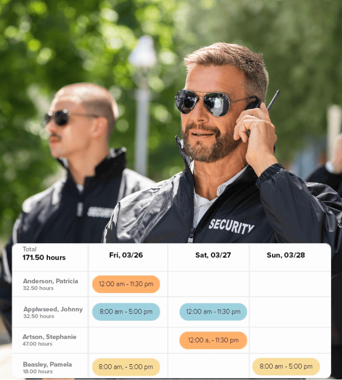 Security officers in uniform with a visible weekly shift schedule showing hours worked by different employees across multiple days.