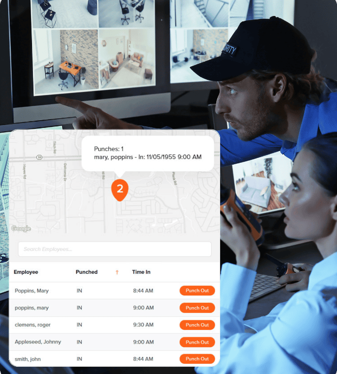 Security personnel monitor CCTV feeds while reviewing employee punch-in data on a time tracking system.