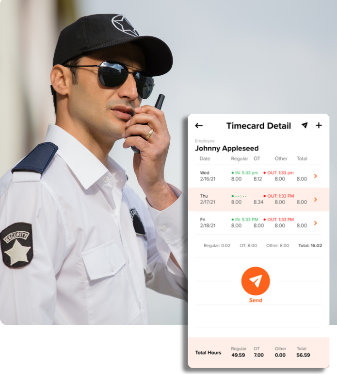 A security guard with a walkie-talkie is shown alongside a digital timecard detailing Johnny Appleseed's work hours.