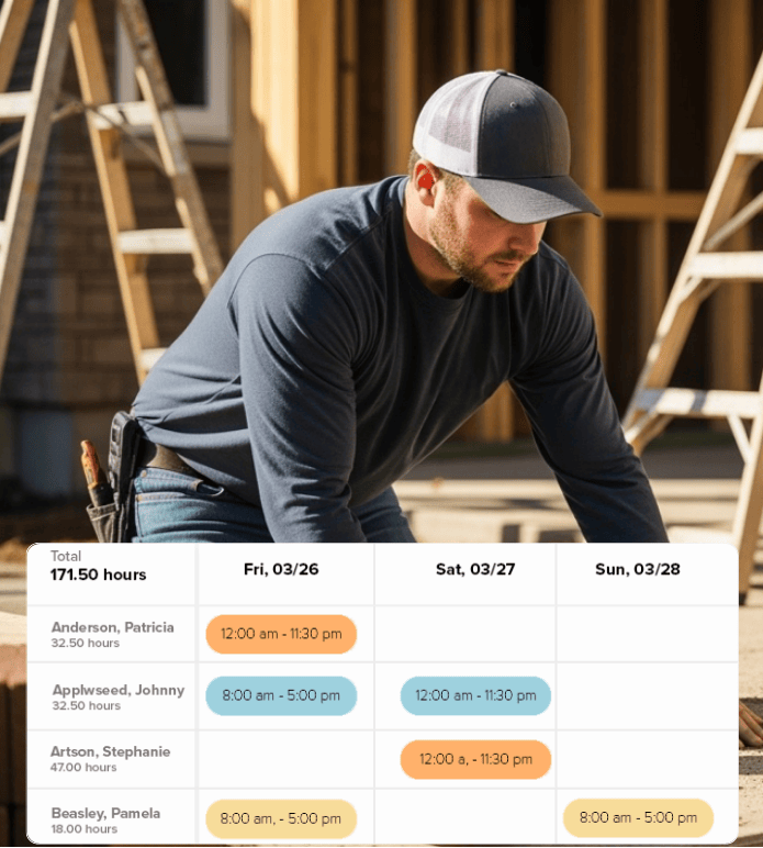Construction worker reviewing a project with a digital weekly work hour schedule displayed.